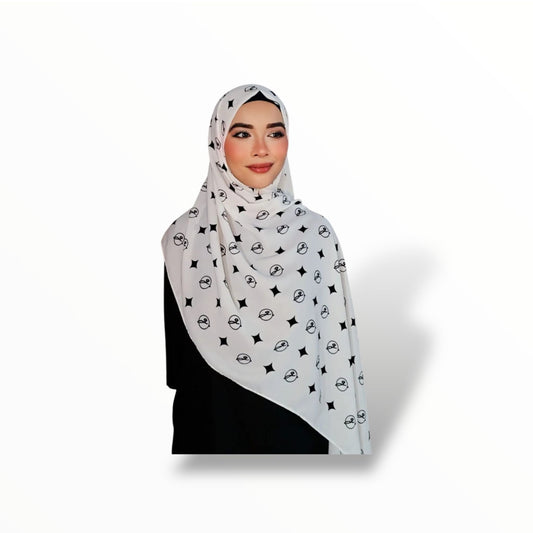 G SHAWL 2METER KOREAN CHIFFON - WHITE/BLACK